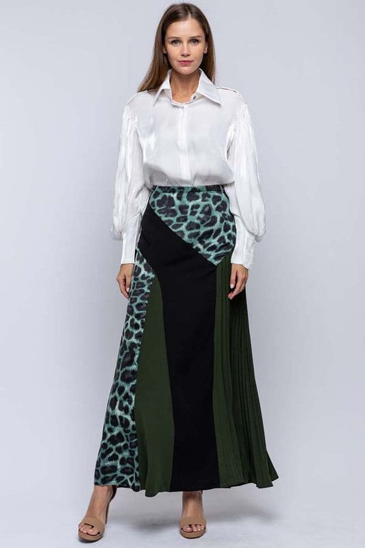 Mixed Fabric Color Blocked Maxi Skirt