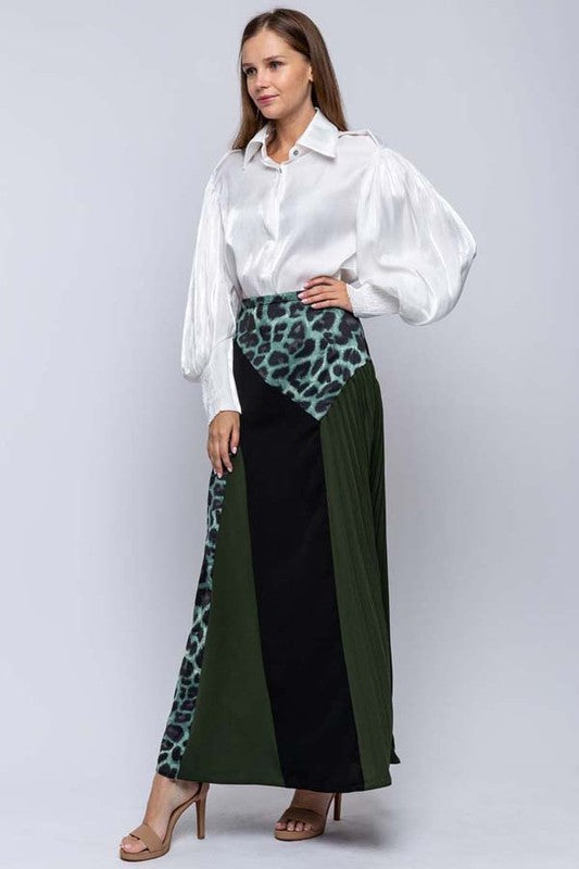 Mixed Fabric Color Blocked Maxi Skirt