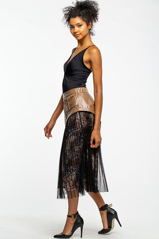 Mesh and Faux Mixed Leather Material Skirt