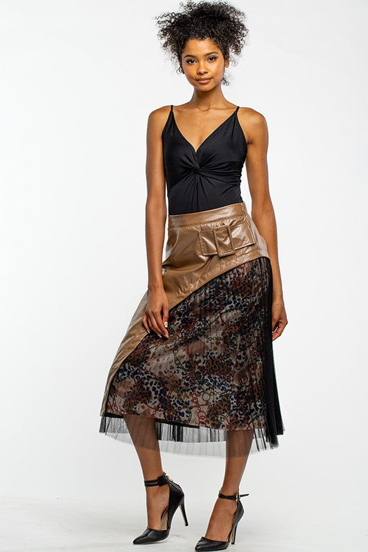 Mesh and Faux Mixed Leather Material Skirt