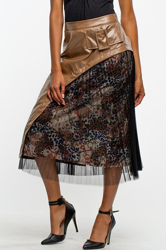 Mesh and Faux Mixed Leather Material Skirt