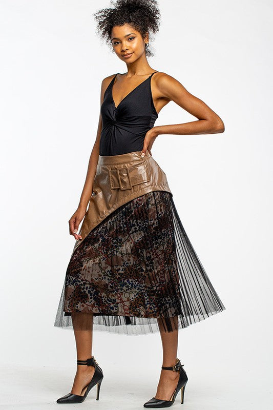 Mesh and Faux Mixed Leather Material Skirt