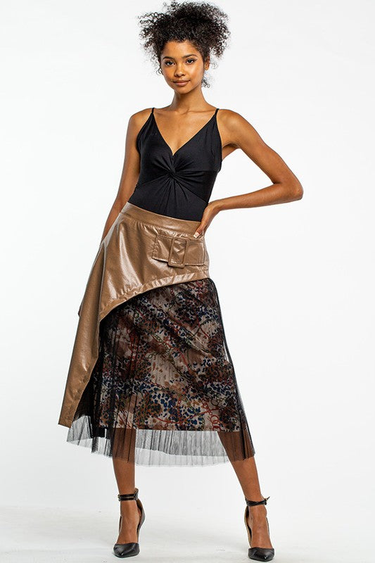 Mesh and Faux Mixed Leather Material Skirt