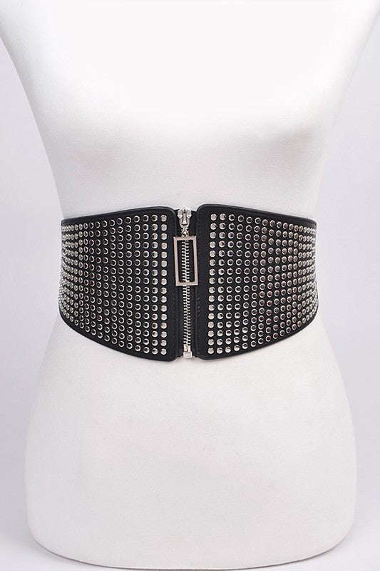 Wide Waist Studded Elastic Zipper Belt