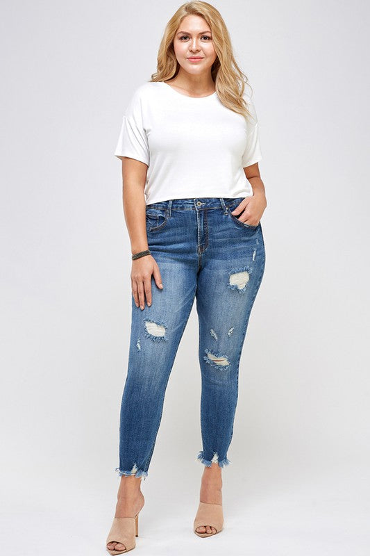 PLUS SIZE HIGH RISE DISTRESSED ANKLE SKINNY