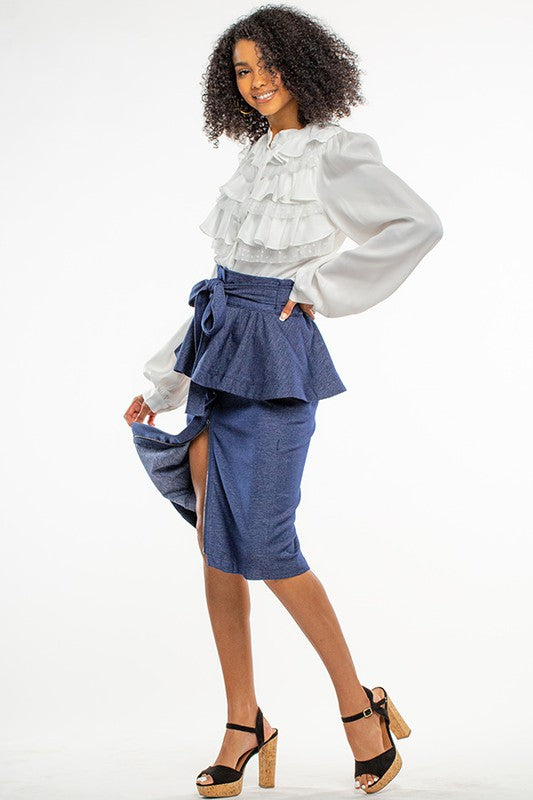 Stretchy Denim Skirt with Ruffles