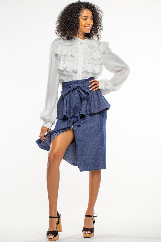 Stretchy Denim Skirt with Ruffles