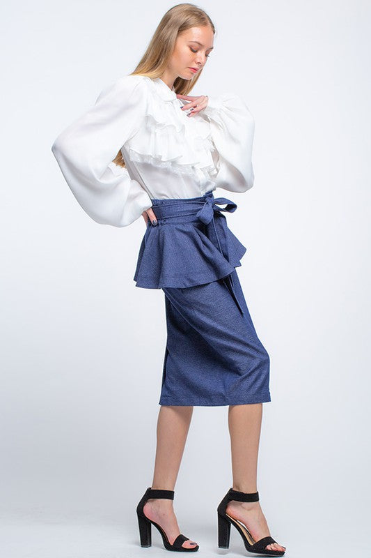 Stretchy Denim Skirt with Ruffles