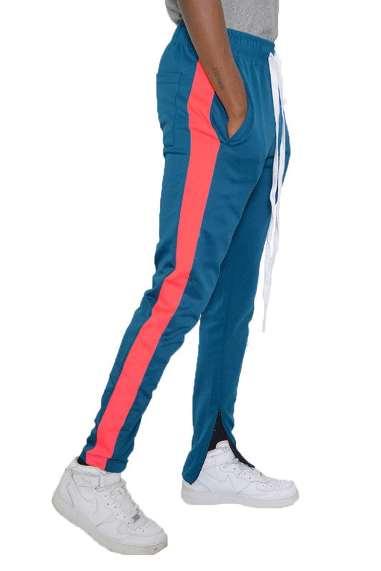 Men's Blue-Orange Slim Fit Single Stripe Track Pants