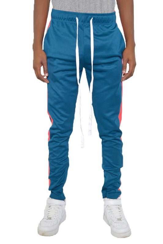 Men's Blue-Orange Slim Fit Single Stripe Track Pants