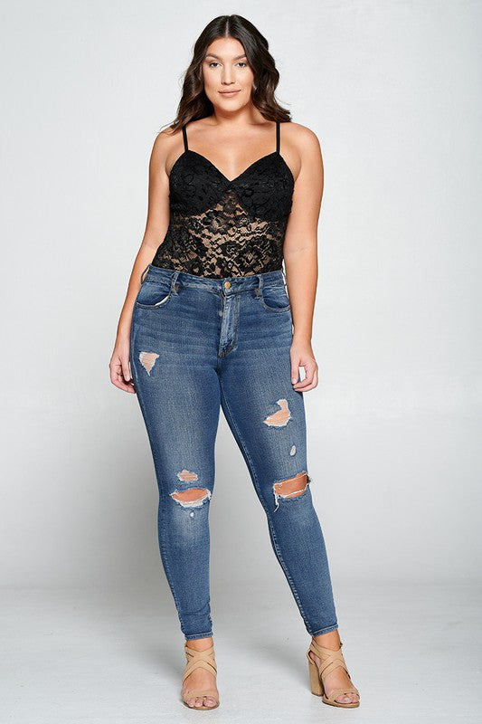 Junior Plus Black Lace Bodysuit