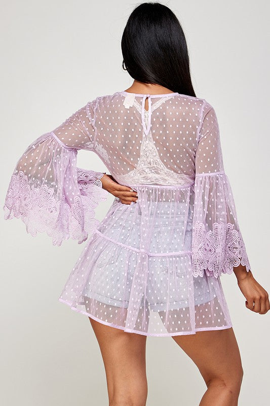 Women's Mesh Polka Dot Baby Doll See Through Tunic Top