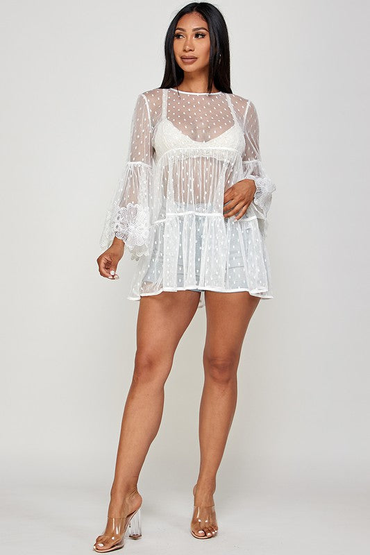 Women's Mesh Polka Dot Baby Doll See Through Tunic Top