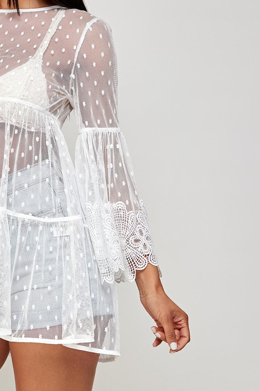 Women's Mesh Polka Dot Baby Doll See Through Tunic Top