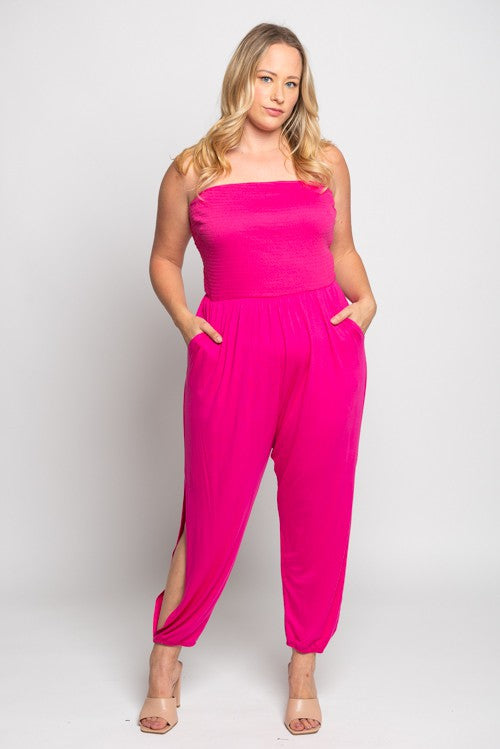 Plus Size Smocked Tube Jumpsuit with Slit Leg