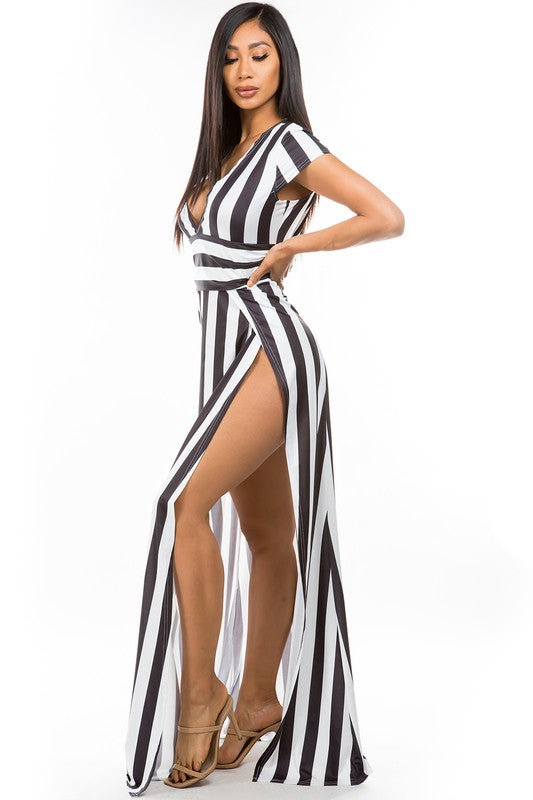 Women's Sexy Striped V Neck Maxi Dress