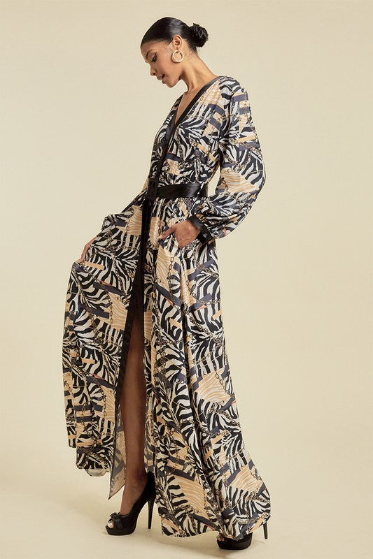 Women's Printed Maxi Dress with Belt and Buttons