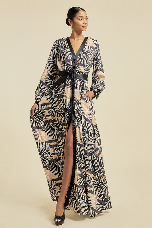 Women's Printed Maxi Dress with Belt and Buttons