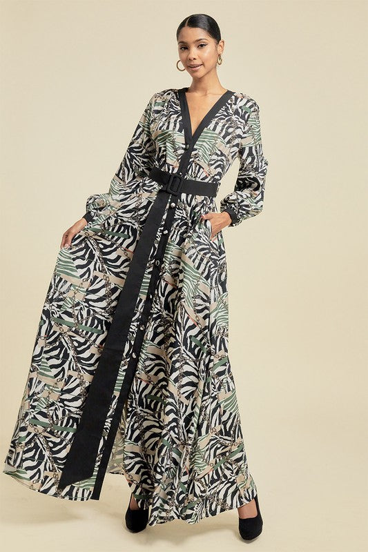 Women's Printed Maxi Dress with Belt and Buttons