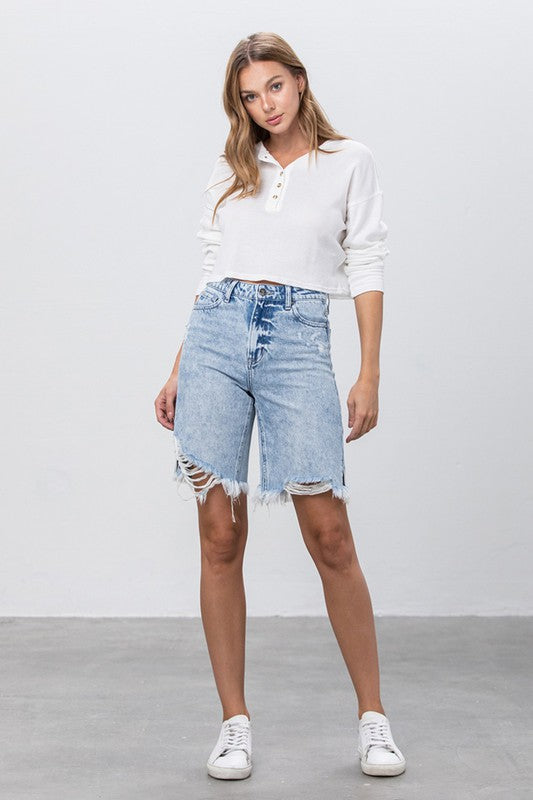 TAKE NO SLIT DISTRESSED DENIM BERMUDA SHORTS