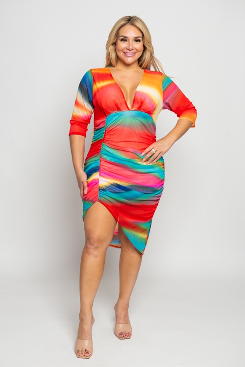 Plus Size Mesh Ombre Ruched Midi Dress