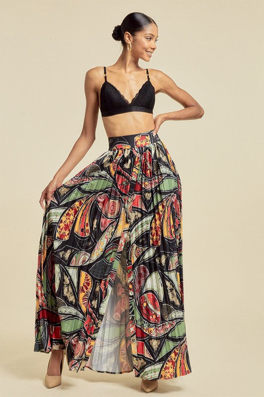 Women's Multi Printed and Pleated Open Skirt