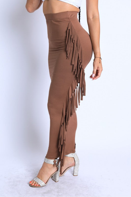 Solid Fringed Maxi Skirt