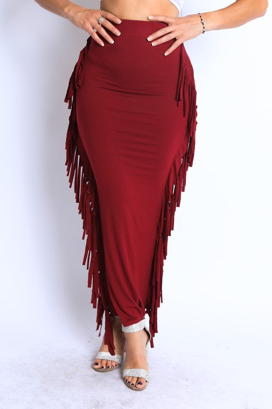 Solid Fringed Maxi Skirt