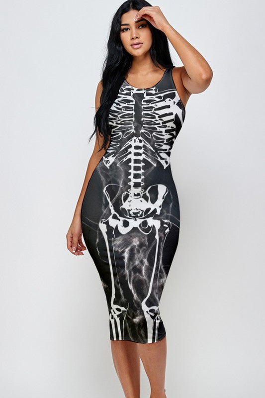 Halloween Skeleton Print Midi Dress