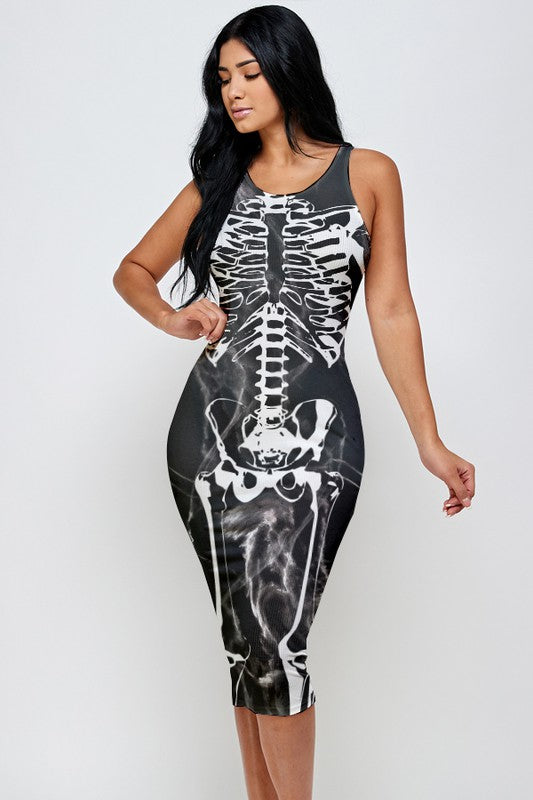 Halloween Skeleton Print Midi Dress