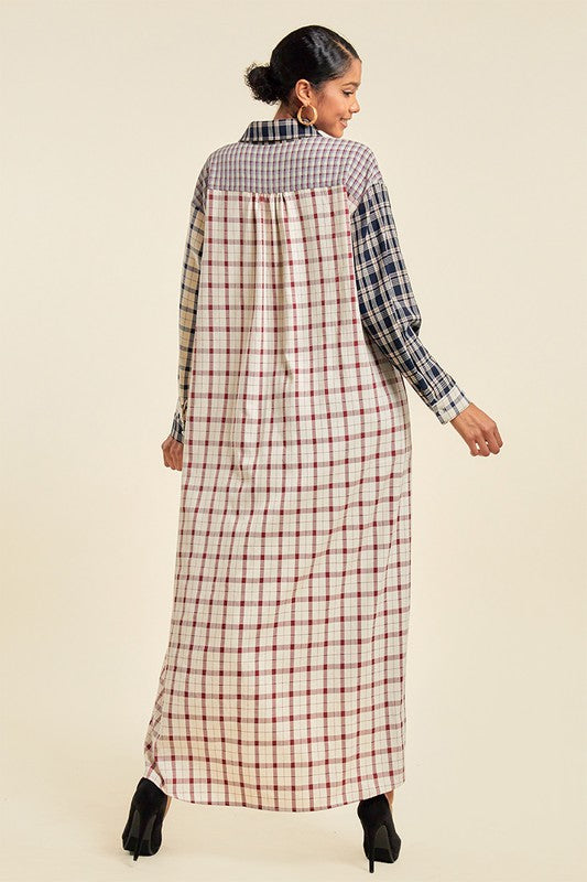 Women's Pattern Blocked Maxi Shirt Dress