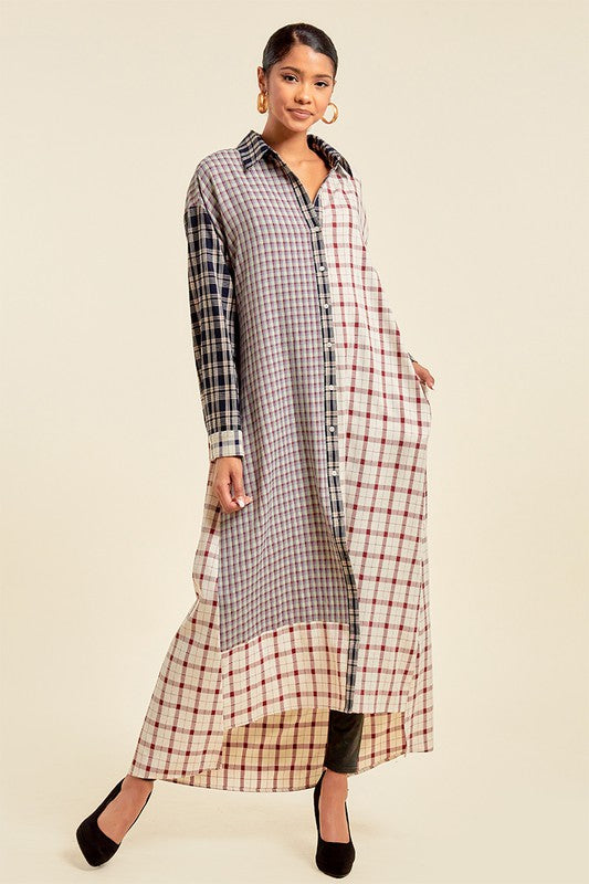 Women's Pattern Blocked Maxi Shirt Dress