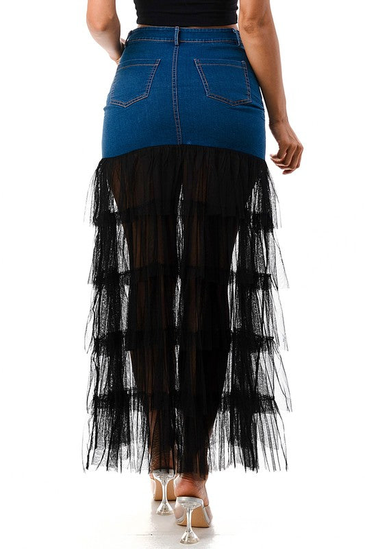 Plus Size Denim With Mesh Tiered Flare