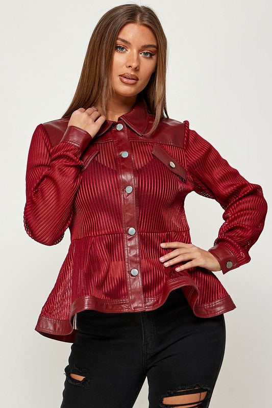 Women's Mesh Faux Leather Peplum Jacket