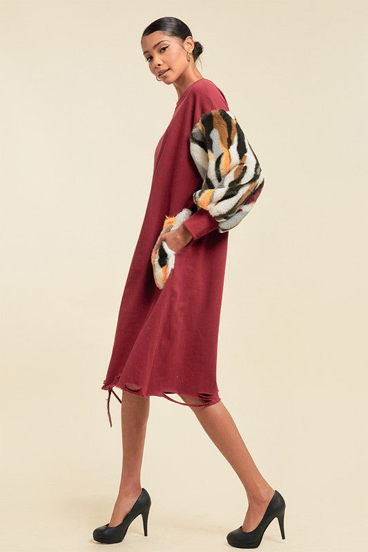 Women's Faux Fur Midi Dress with Pockets