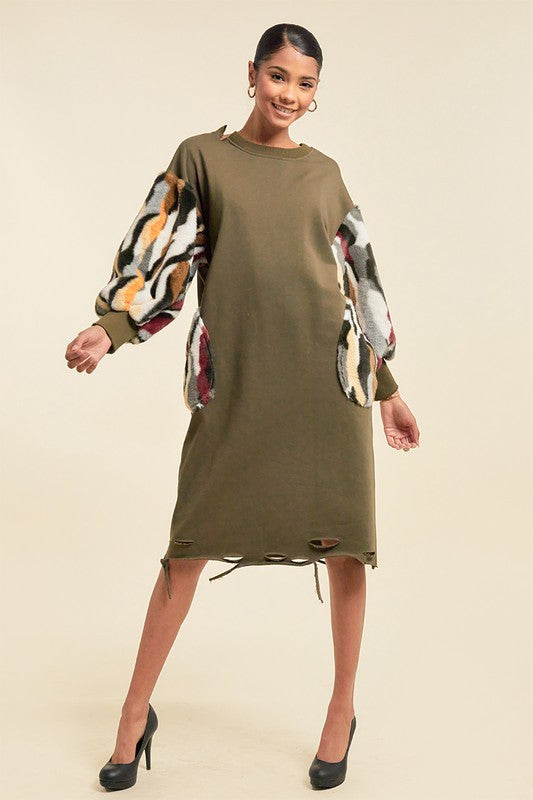 Women's Faux Fur Midi Dress with Pockets
