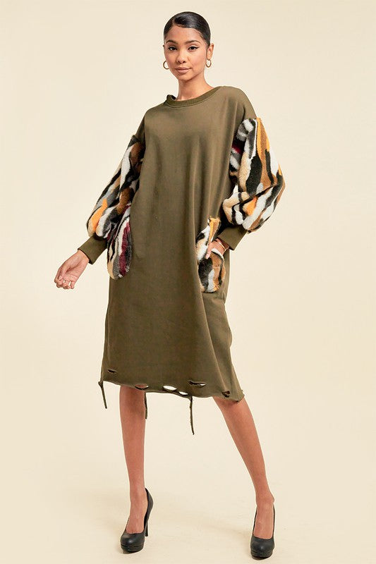 Women's Faux Fur Midi Dress with Pockets