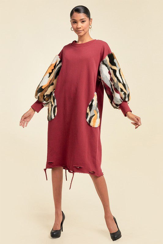 Women's Faux Fur Midi Dress with Pockets