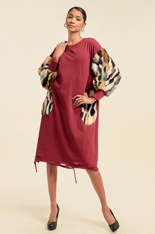 Women's Faux Fur Midi Dress with Pockets