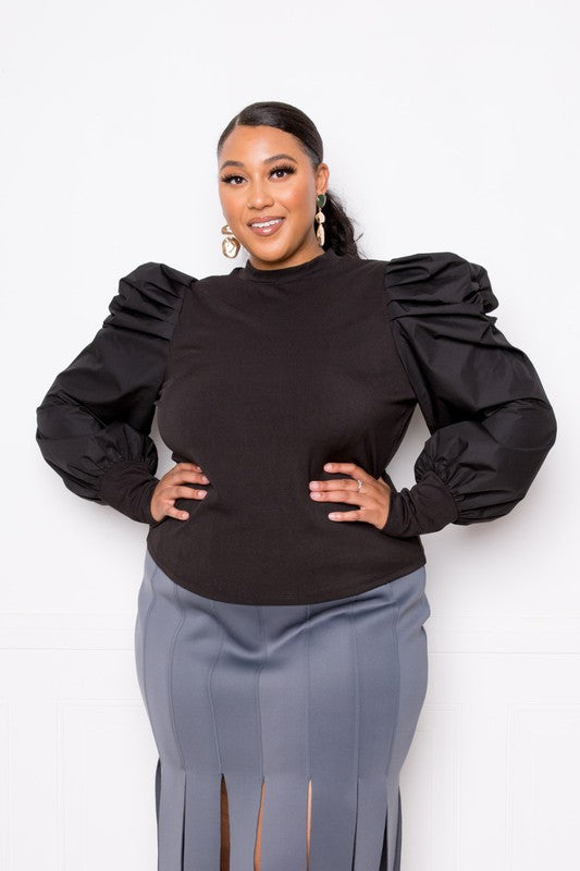 Plus Size Ribbed Top with Ruched Poplin Sleeves