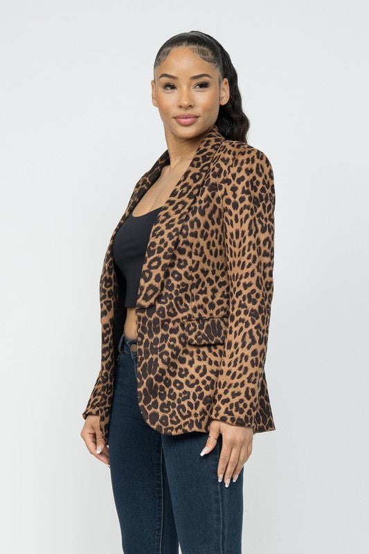 Leopard Suede Texture Shawl Lapel Lined Jacket