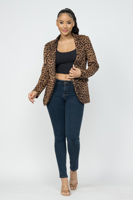 Leopard Suede Texture Shawl Lapel Lined Jacket