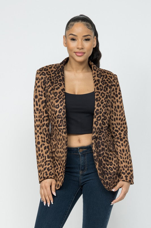 Leopard Suede Texture Shawl Lapel Lined Jacket