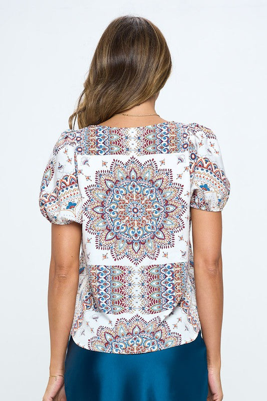 Paisley Print Round neck Top with Puff Sleeve