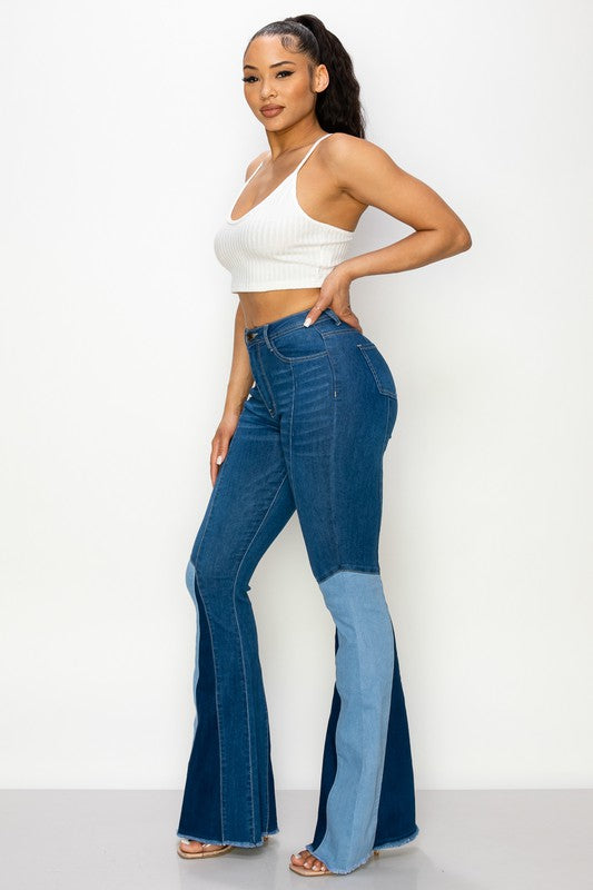 Women's High Waisted Patch Flare Jeans