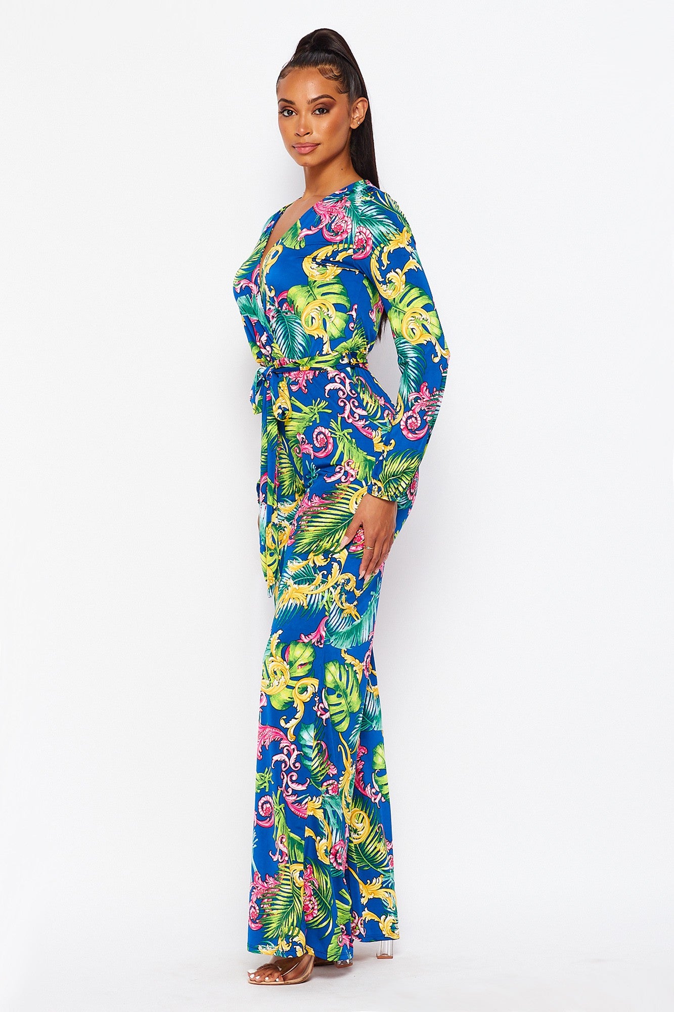 Multi Print Long Sleeved Wide Leg Jumpsuit with Self Tie
