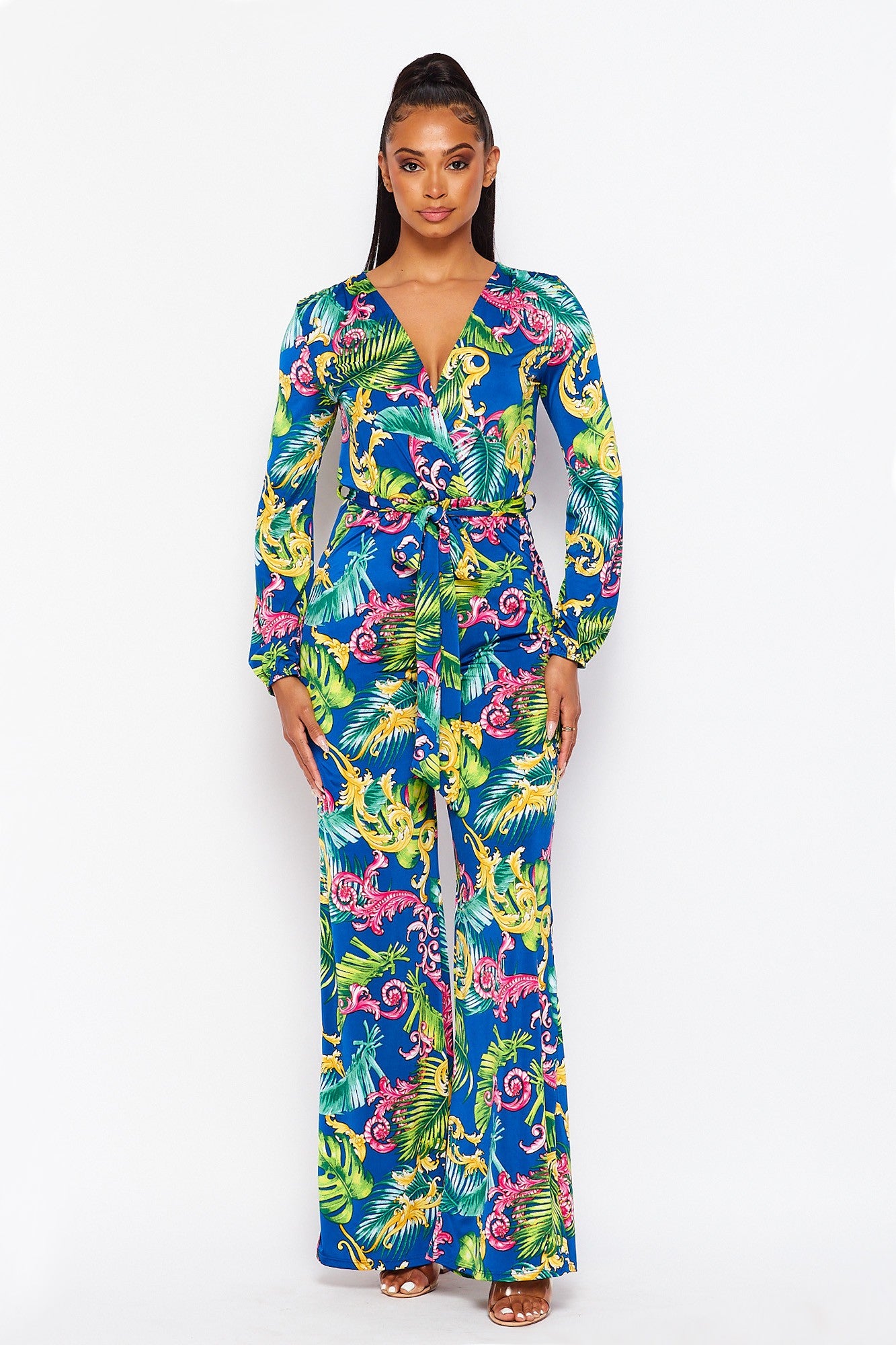 Multi Print Long Sleeved Wide Leg Jumpsuit with Self Tie
