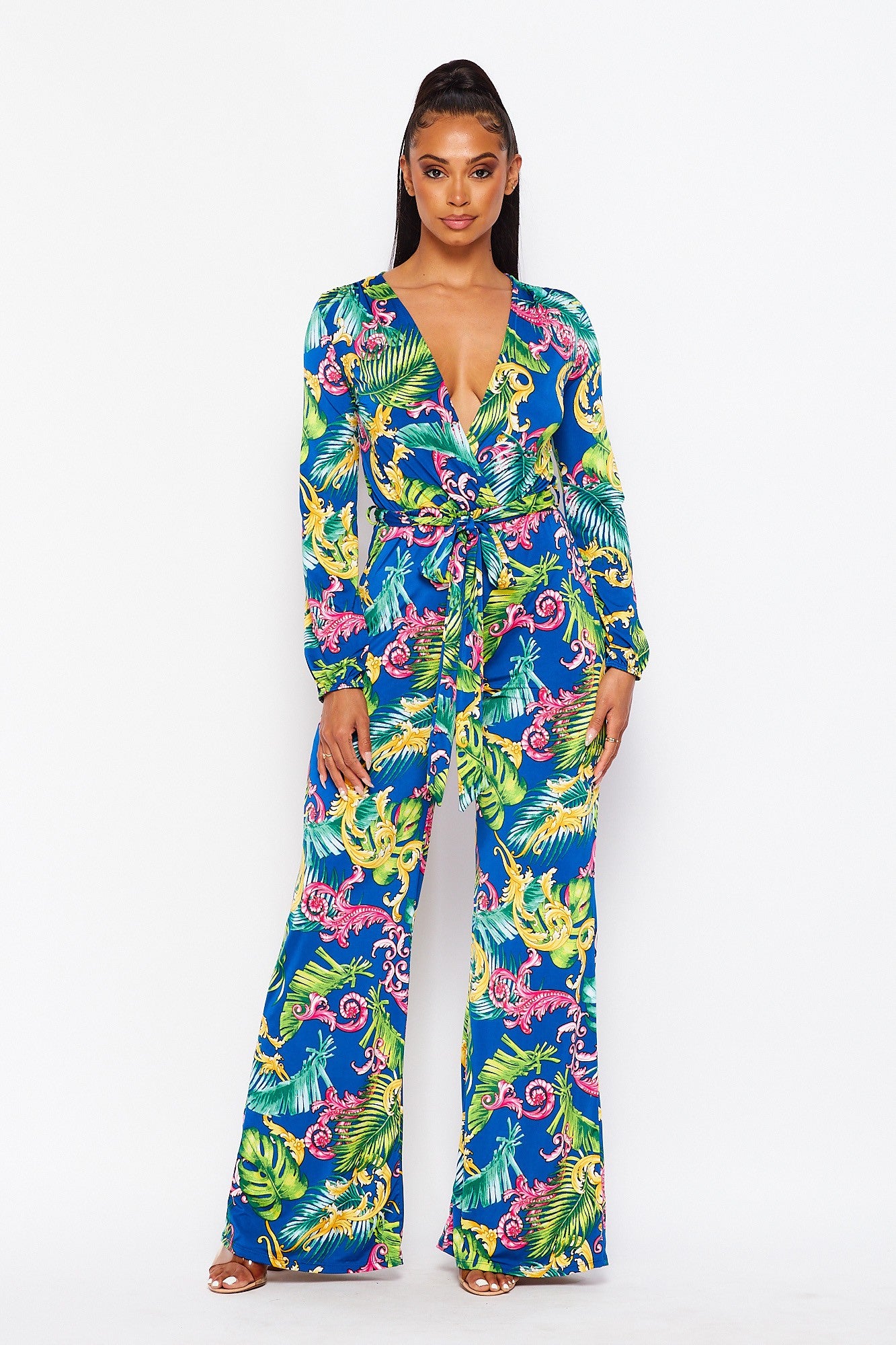 Multi Print Long Sleeved Wide Leg Jumpsuit with Self Tie