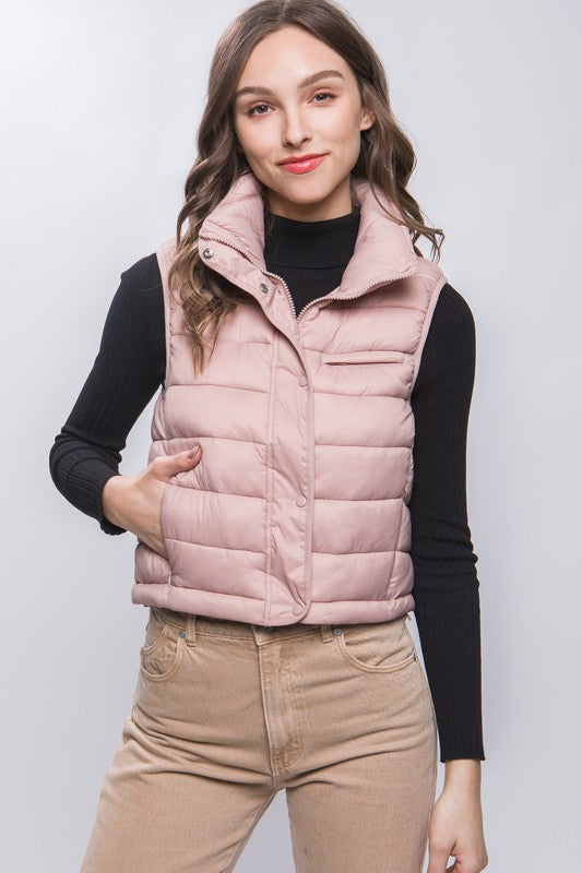 Women's High Neck Zip Up Puffer Vest with Storage Pouch