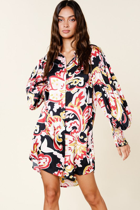 Women's Printed Asymmetric Hem Shirt Dress